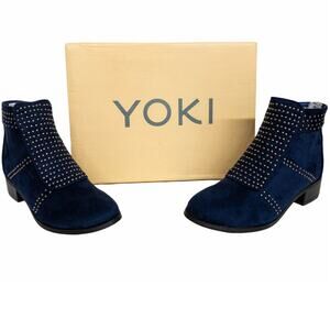 YOKI Paladino-98 Ankle Boot Women 6 Navy Studded Faux Suede Block Heel Bootie